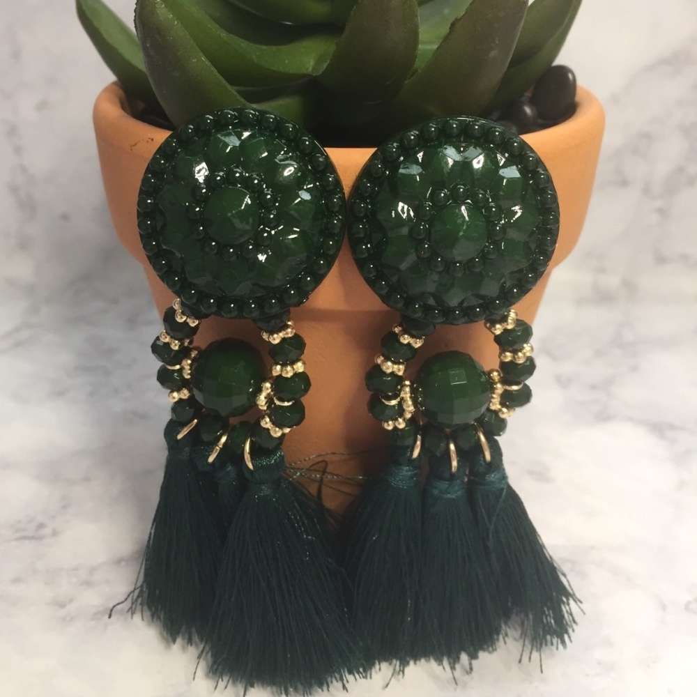 Dark Green & Gold Tassel Earrings